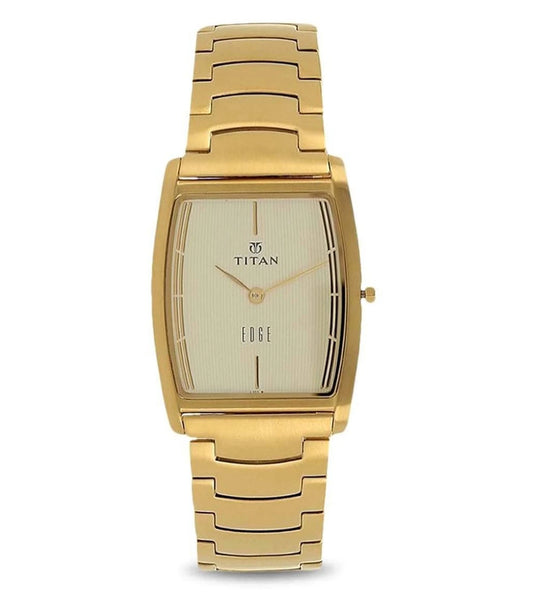 A TITAN Edge analog watch for men with a gold stainless steel strap and a rectangular champagne dial, protected by a sapphire glass.