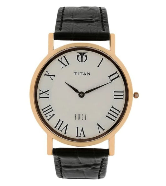 A TITAN Edge analog watch for men with a black round dial, protected by a sapphire crystal, and a black leather strap.