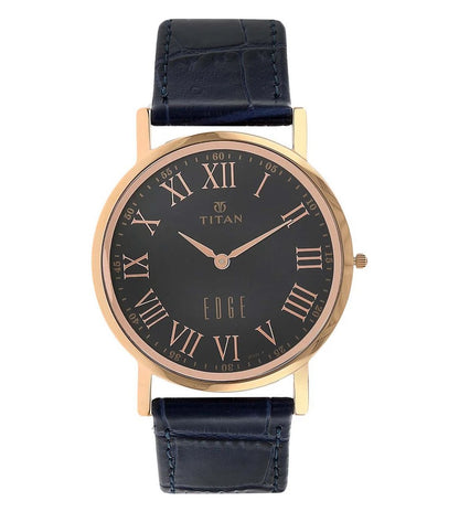 A TITAN Edge Formal Upgrade analog watch for men with a black dial, Roman numerals, and a blue leather strap.