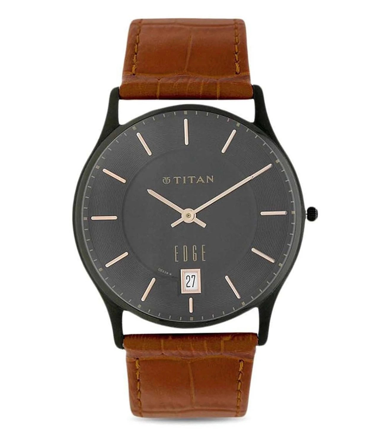 A TITAN Edge analog watch for men with a dark grey dial and a brown croc genuine leather strap.