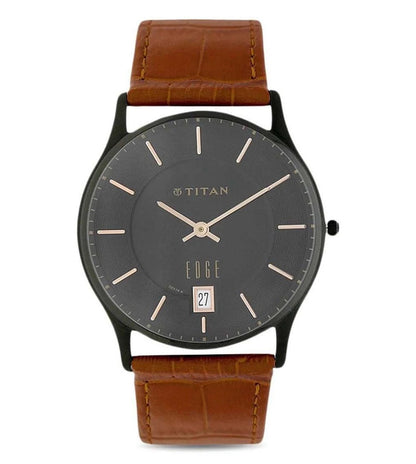 A TITAN Edge analog watch for men with a dark grey dial and a brown croc genuine leather strap.