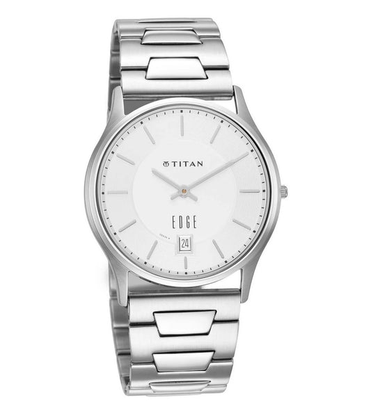 A TITAN Edge Metal analog watch for men with a silver dial and stainless steel strap.