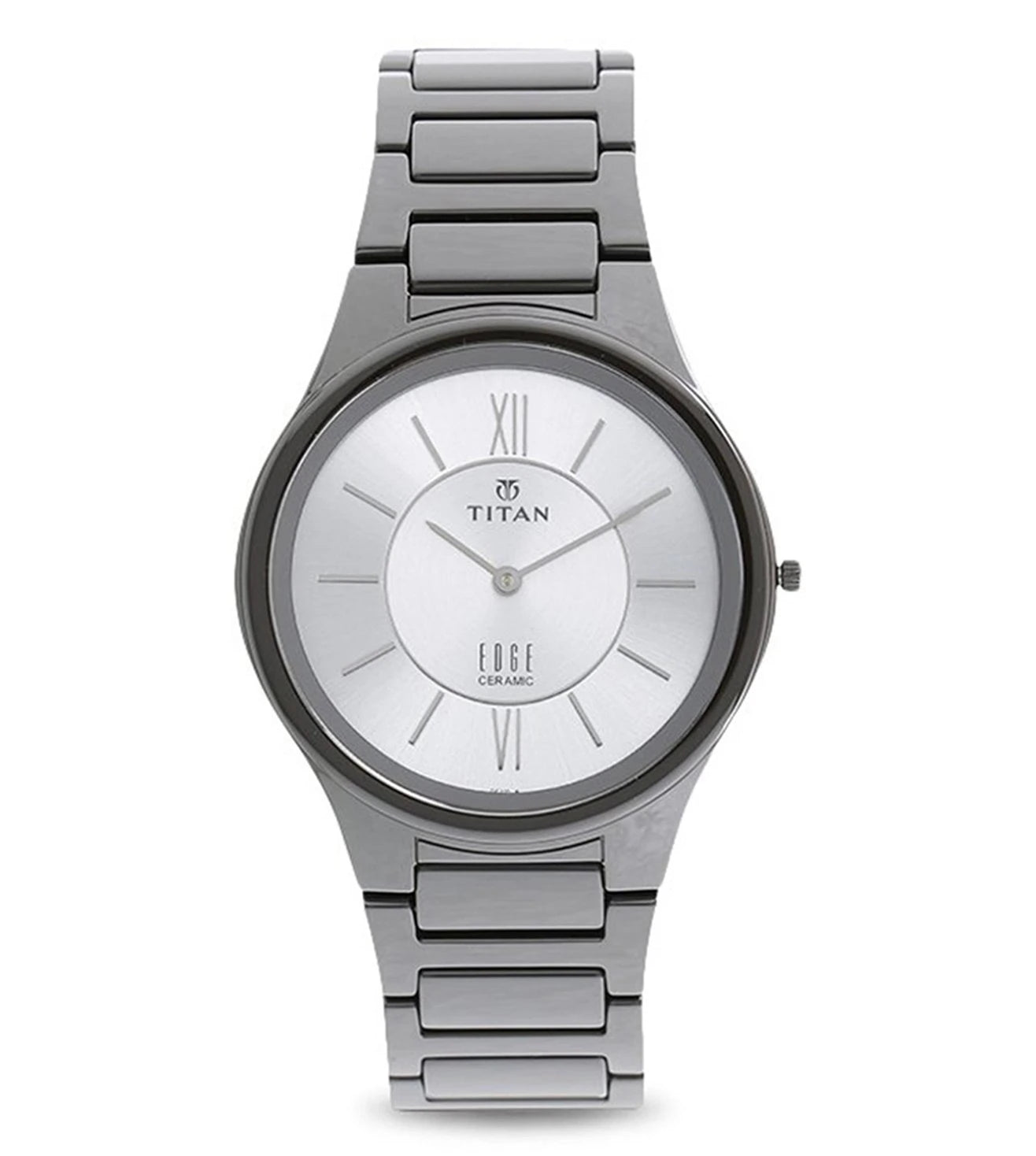 A silver-colored TITAN Edge analog watch with a ceramic strap and a round dial, featuring Roman & stick dial type, displayed against a white background.