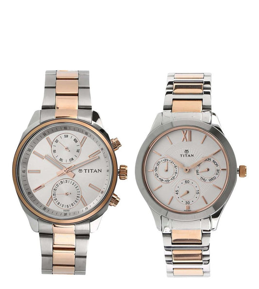 A couple's watch with a silver and rose gold stainless steel band and a round analog dial, showing time and chronograph functions.