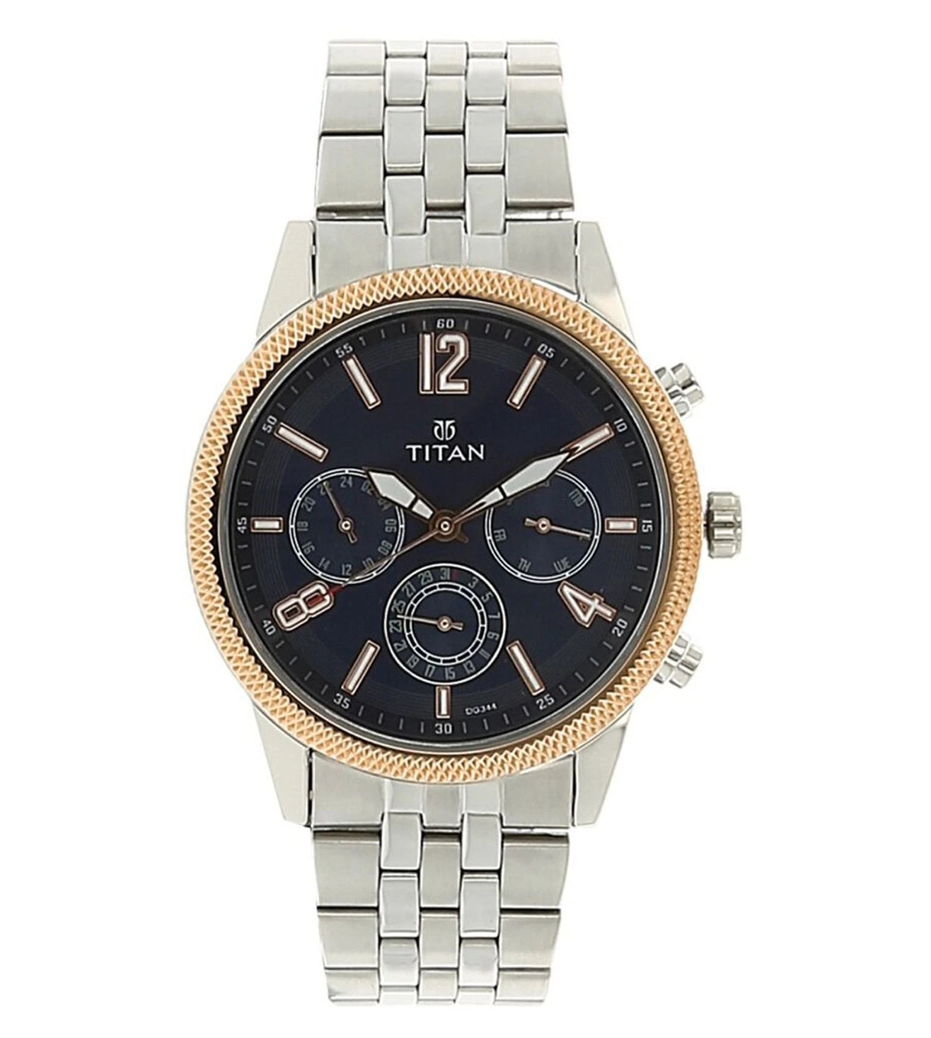 TITAN Classique analog watch for men with a black dial, silver stainless steel strap, and rose gold casing.