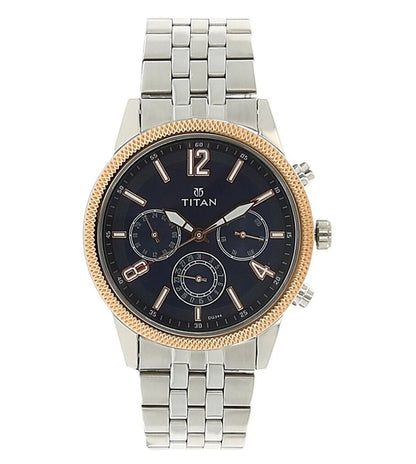 TITAN Classique analog watch for men with a black dial, silver stainless steel strap, and rose gold casing.