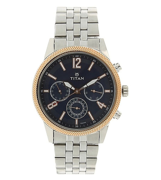 TITAN Classique analog watch for men with a black dial, silver stainless steel strap, and rose gold casing.