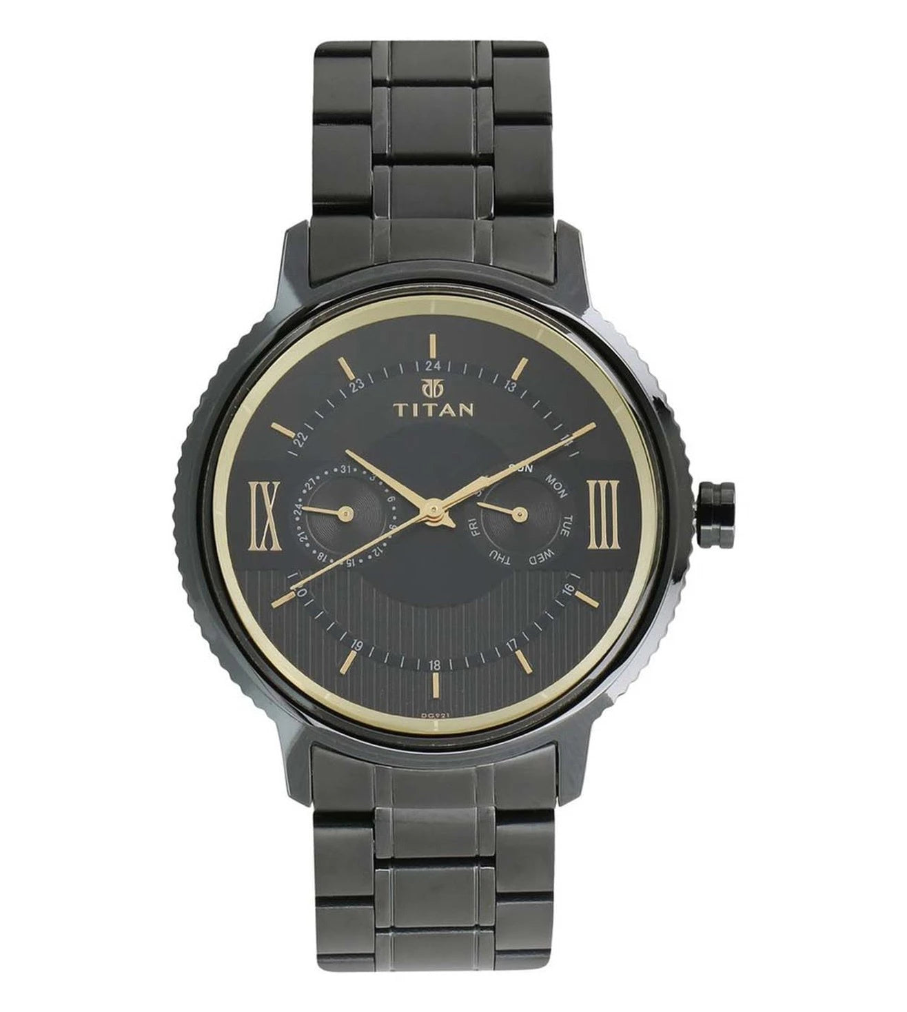 A black TITAN Regalia Economy analog watch for men with a round stainless steel case and a black stainless steel bracelet. The dial is black with gold accents and stick markers.