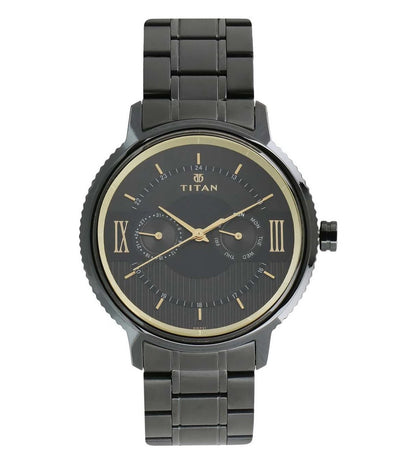A black TITAN Regalia Economy analog watch for men with a round stainless steel case and a black stainless steel bracelet. The dial is black with gold accents and stick markers.