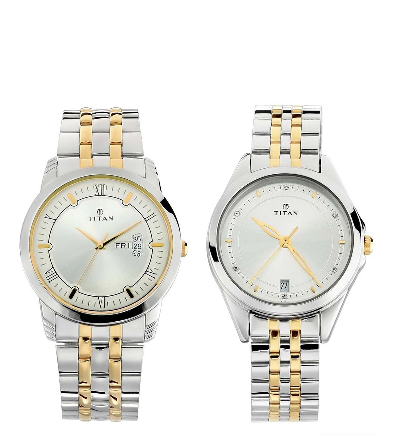 A pair of TITAN Lagan couple's watches with silver dials and two-tone stainless steel straps, one with a gold accent and the other with a silver accent.