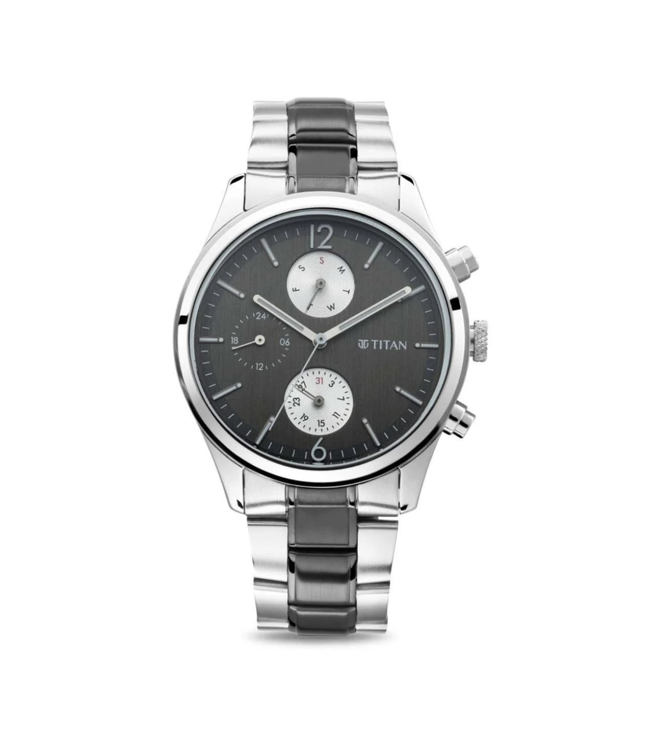 A TITAN Neo Analog Watch for Men with a silver metal strap and a grey dial, featuring a date display and a crown for time adjustment.