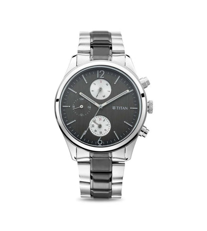 A TITAN Neo Analog Watch for Men with a silver metal strap and a grey dial, featuring a date display and a crown for time adjustment.