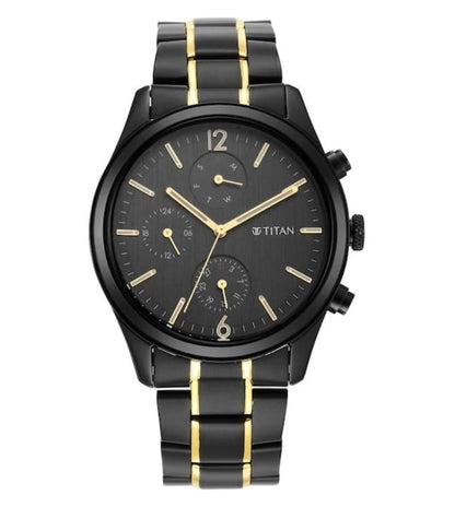 A TITAN chronograph watch for men with a black round dial, protected by a mineral glass, and a two-tone stainless steel strap with a two-tone clasp.