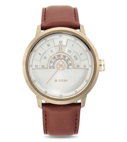 A TITAN Grandmaster II analog watch for men with a white round dial, protected by a mineral glass, and a brown genuine leather strap.