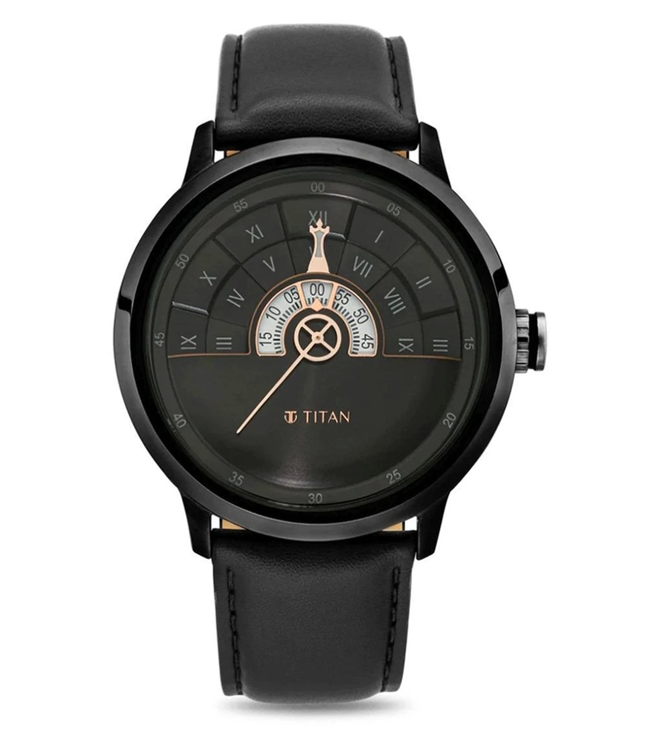 A black TITAN Grandmaster II analog watch with a black leather strap and a black round dial featuring roman numerals and a crown for adjustment.