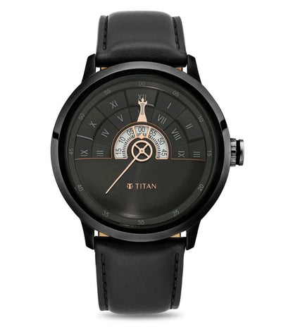 A black TITAN Grandmaster II analog watch with a black leather strap and a black round dial featuring roman numerals and a crown for adjustment.