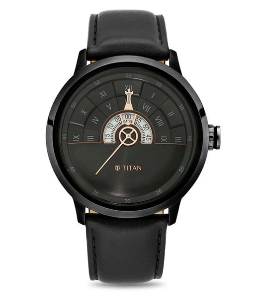 A black TITAN Grandmaster II analog watch with a black leather strap and a black round dial featuring roman numerals and a crown for adjustment.