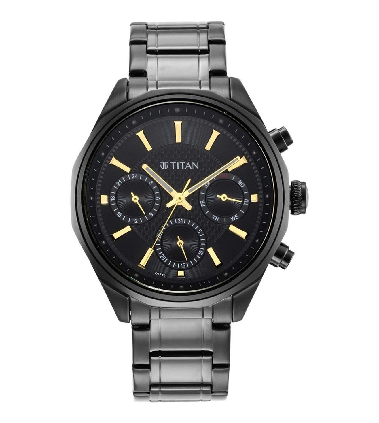 A black TITAN Regalia Opulent II Chronograph watch with a stainless steel strap and a black dial featuring gold accents.