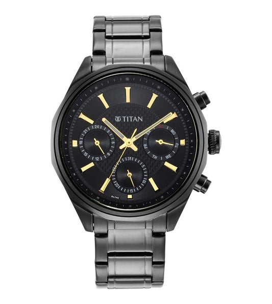 A black TITAN Regalia Opulent II Chronograph watch with a stainless steel strap and a black dial featuring gold accents.