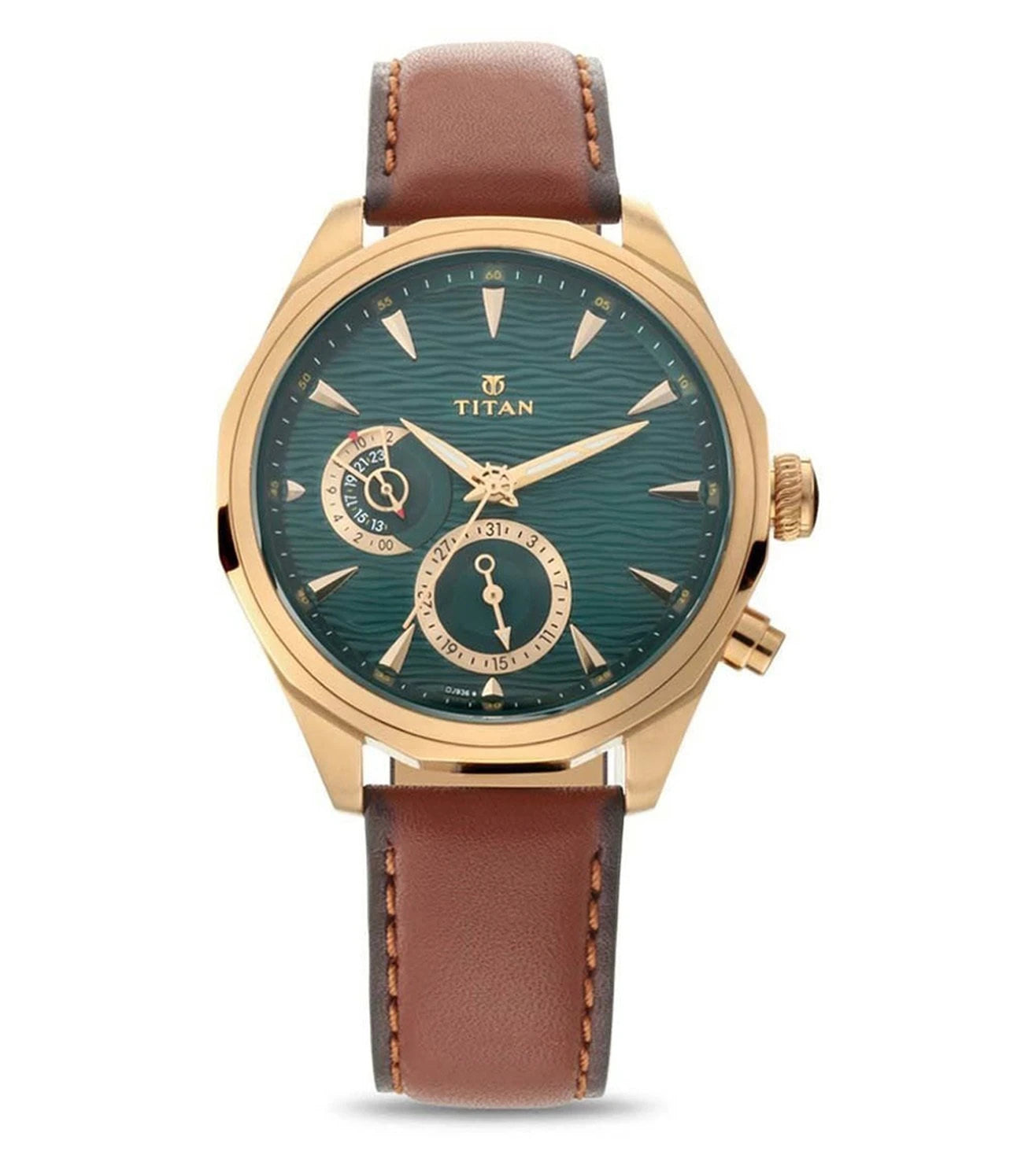 A TITAN Maritime Chronograph watch for men with a sea green dial and a tan genuine leather strap.