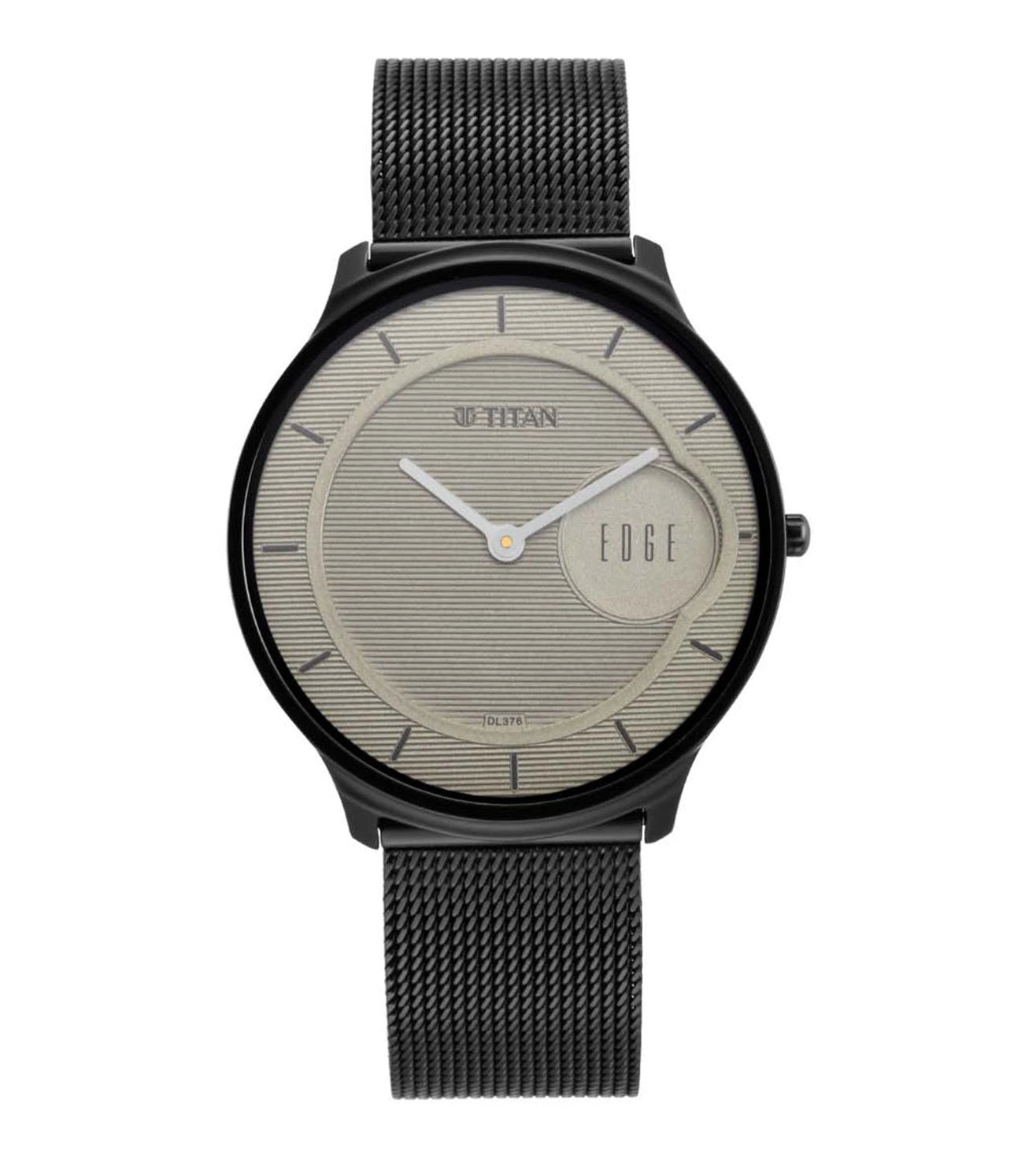 A black TITAN Edge Base line ph II analog watch with a beige dial and a stainless steel mesh strap.