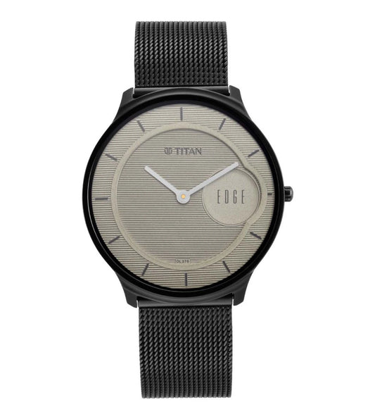 A black TITAN Edge Base line ph II analog watch with a beige dial and a stainless steel mesh strap.