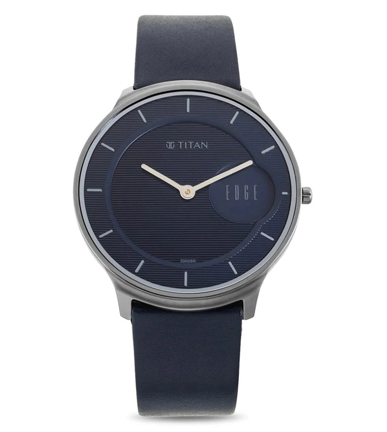 A blue TITAN Edge analog watch with a stainless steel case and a genuine leather strap.