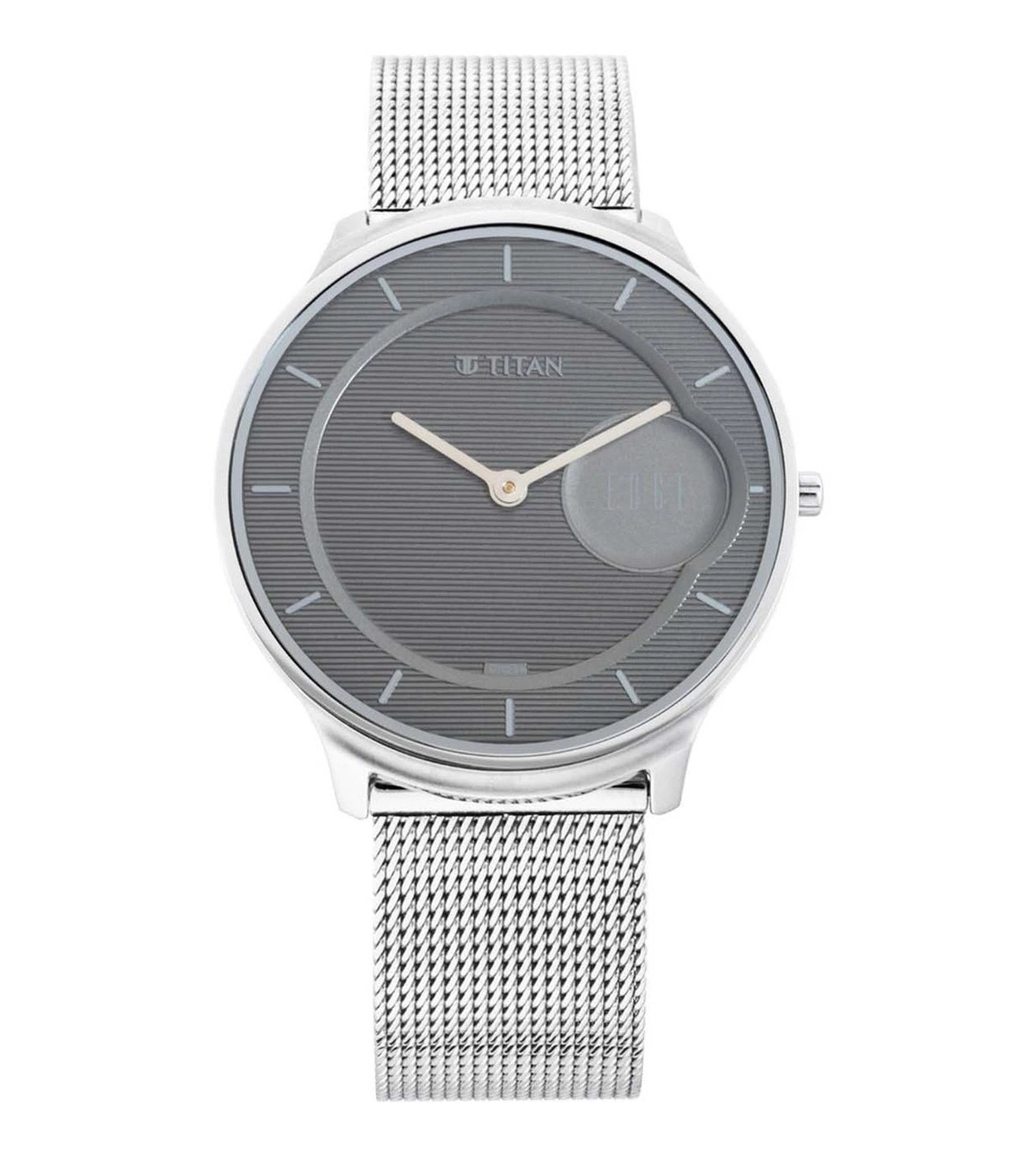 A TITAN Edge Base line Ph 1 analog watch for men with a silver stainless steel strap and a grey dial.