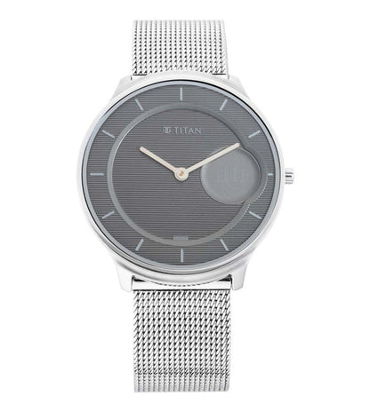 A TITAN Edge Base line Ph 1 analog watch for men with a silver stainless steel strap and a grey dial.