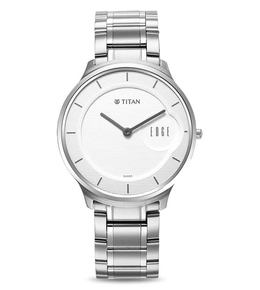 A TITAN Edge analog watch for men with a white round dial and a silver stainless steel bracelet.