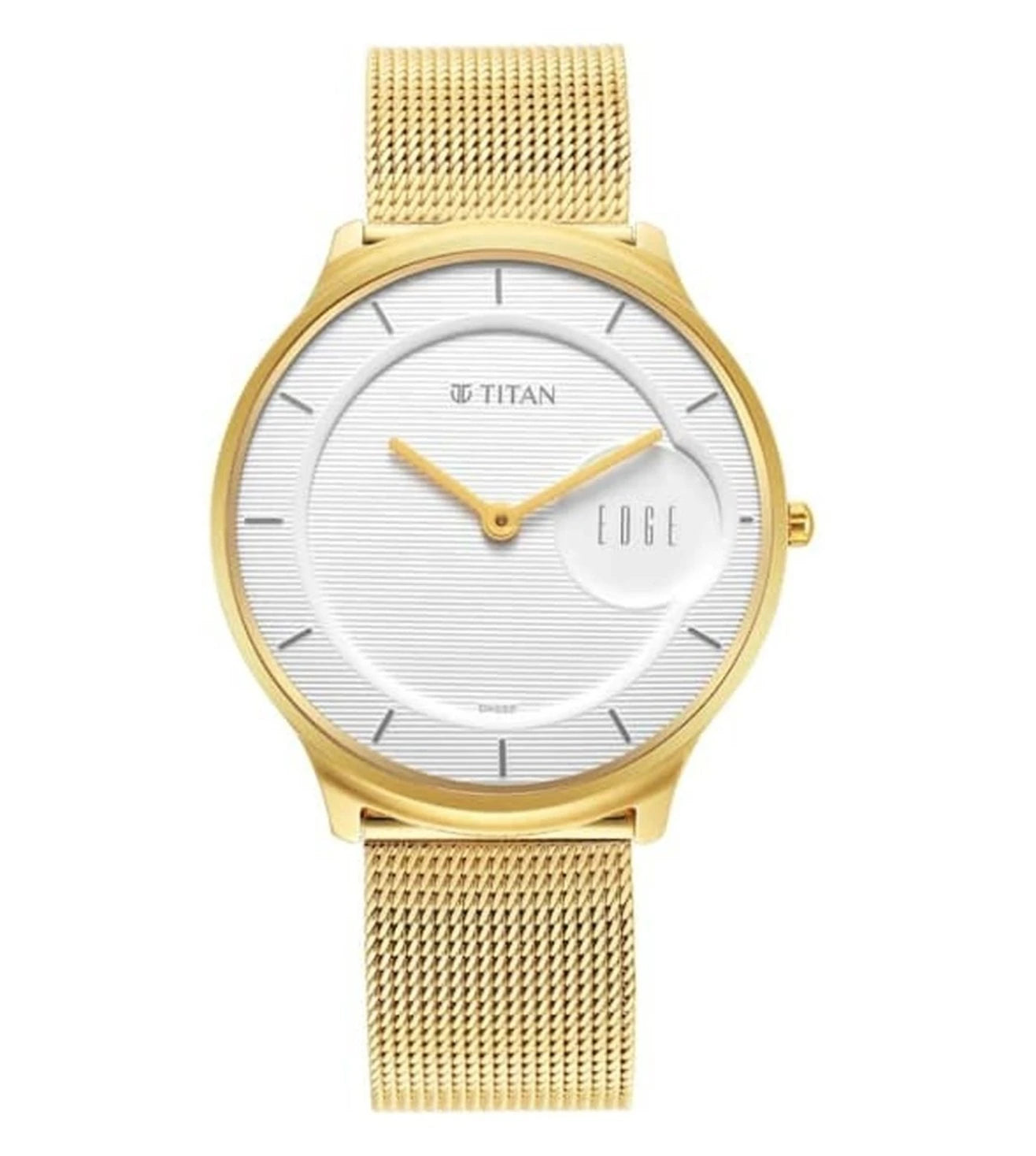 A TITAN Edge Baseline analog watch for men with a white round dial, a gold stainless steel strap, and a deployment clasp.