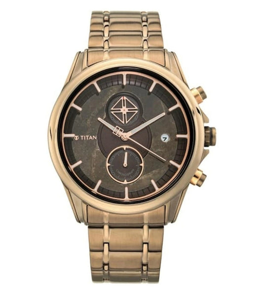 A TITAN Grandmaster Chronograph watch for men with a brown round dial and stainless steel strap.