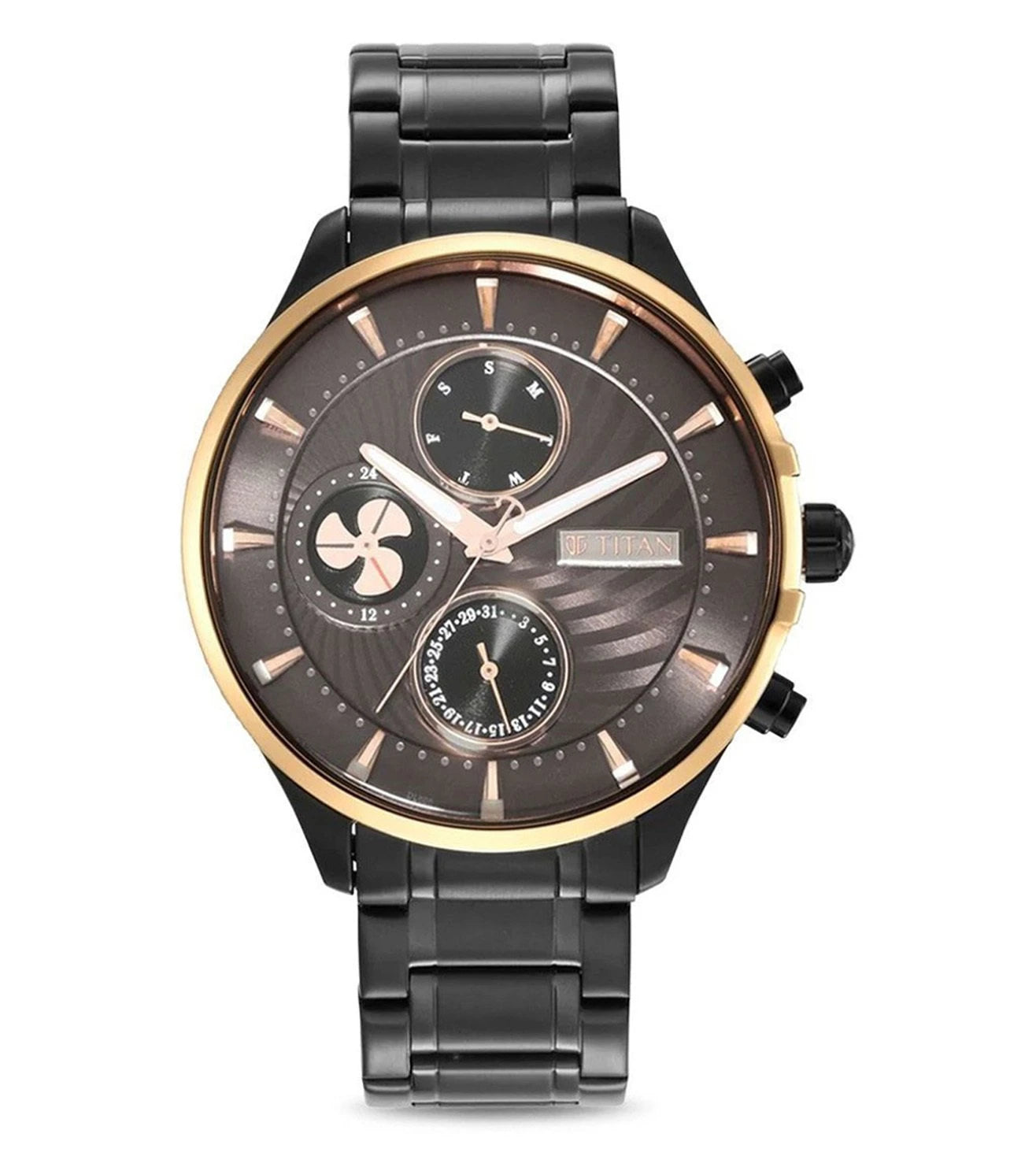 A TITAN Maritime Chronograph Watch for Men with a black stainless steel bracelet and a grey round dial featuring three sub-dials, a crown, and a push button clasp.