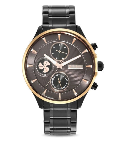 A TITAN Maritime Chronograph Watch for Men with a black stainless steel bracelet and a grey round dial featuring three sub-dials, a crown, and a push button clasp.