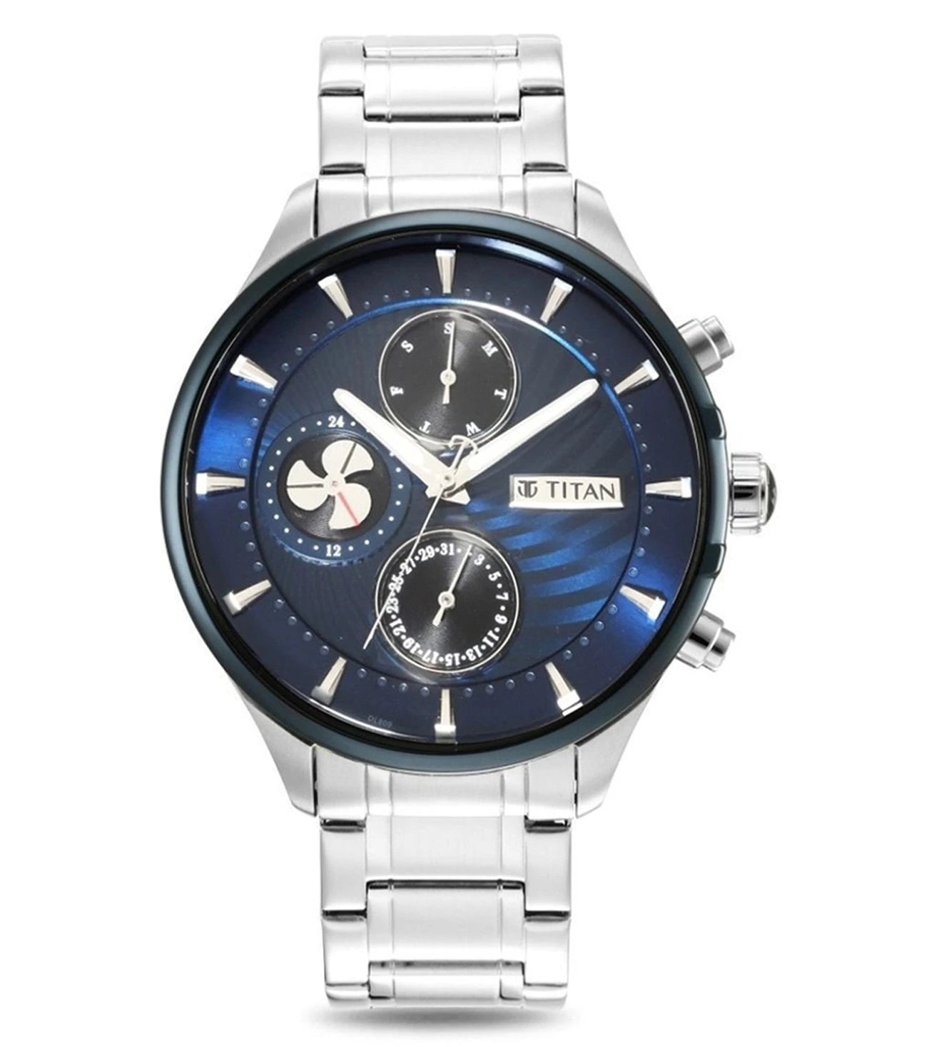 A TITAN Maritime II analog watch for men with a blue dial and silver stainless steel strap.