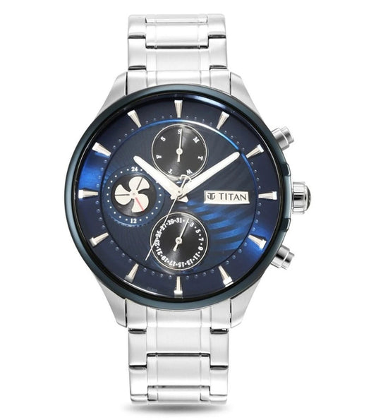 A TITAN Maritime II analog watch for men with a blue dial and silver stainless steel strap.