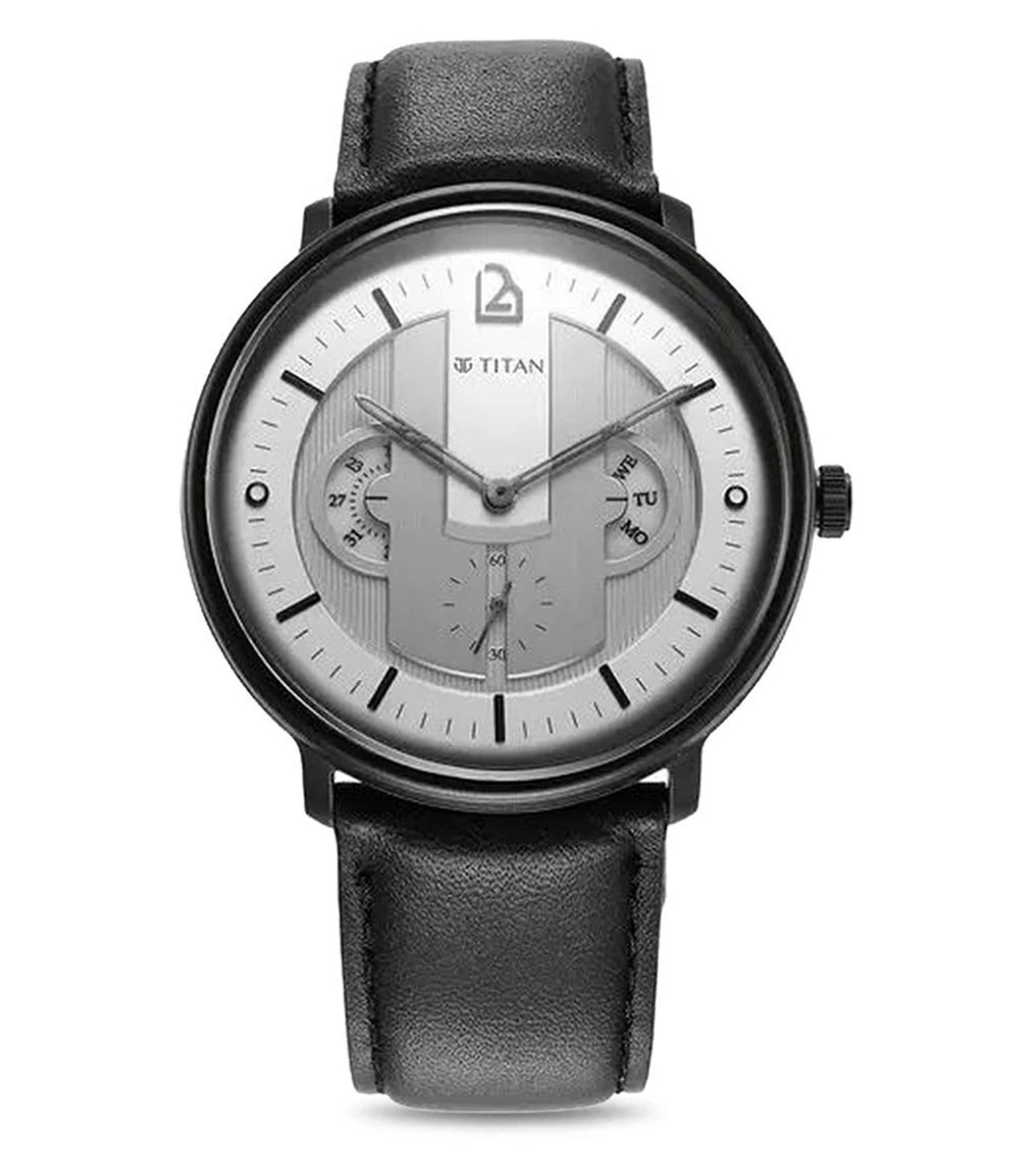 A TITAN Quartet analog watch for men with a grey dial and a black leather strap.