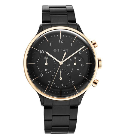 A TITAN Urbanic Chronograph Watch for Men with a black band and case, featuring a black dial with gold-colored hands and markers.