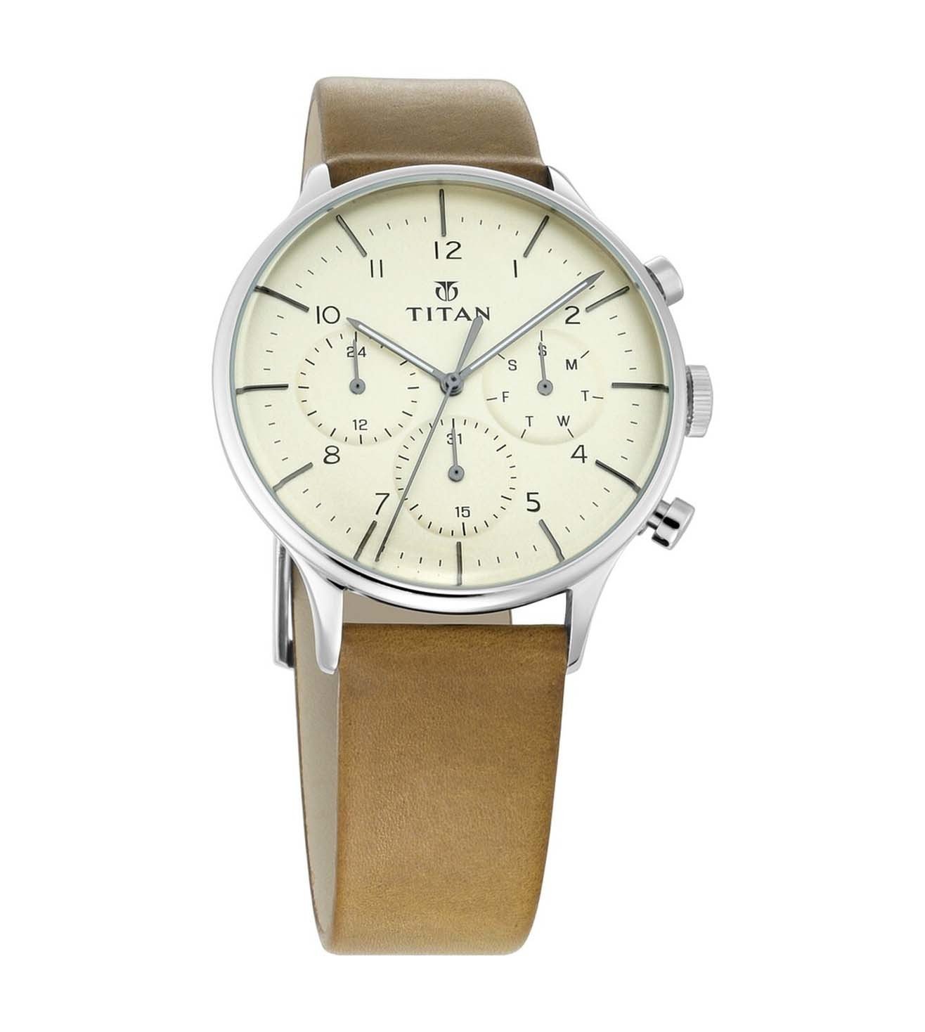 A TITAN On Trend Upgrade Chronograph Watch for Men with a beige dial, silver case, and a brown leather strap.