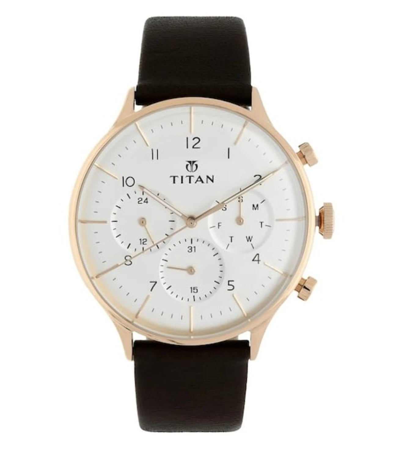A TITAN On Trend Chronograph Watch for Men with a white round dial, protected by a mineral glass, and a brown leather strap.