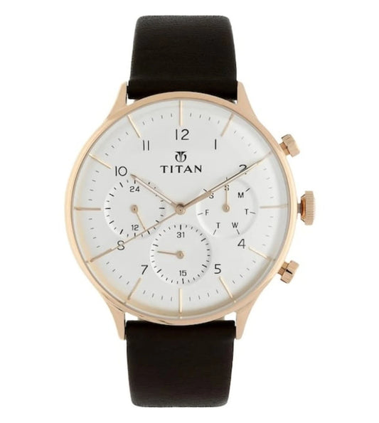 A TITAN On Trend Chronograph Watch for Men with a white round dial, protected by a mineral glass, and a brown leather strap.