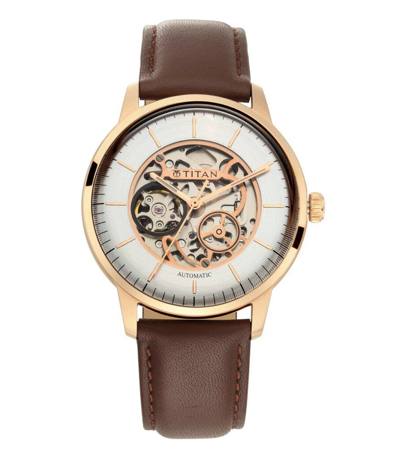 A TITAN analog watch for men with a silver round dial, brown leather strap, and a crown for time adjustment.