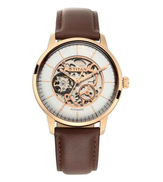 A TITAN analog watch for men with a silver round dial, brown leather strap, and a crown for time adjustment.