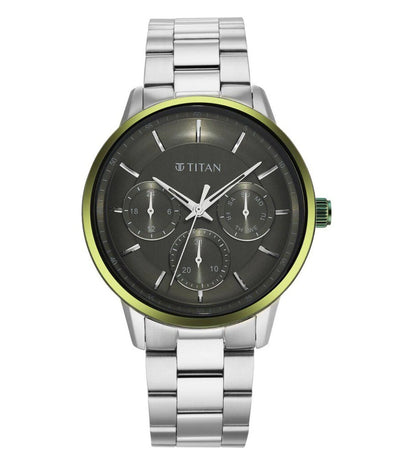 A TITAN Classique analog watch for men with a green dial and a silver stainless steel strap.