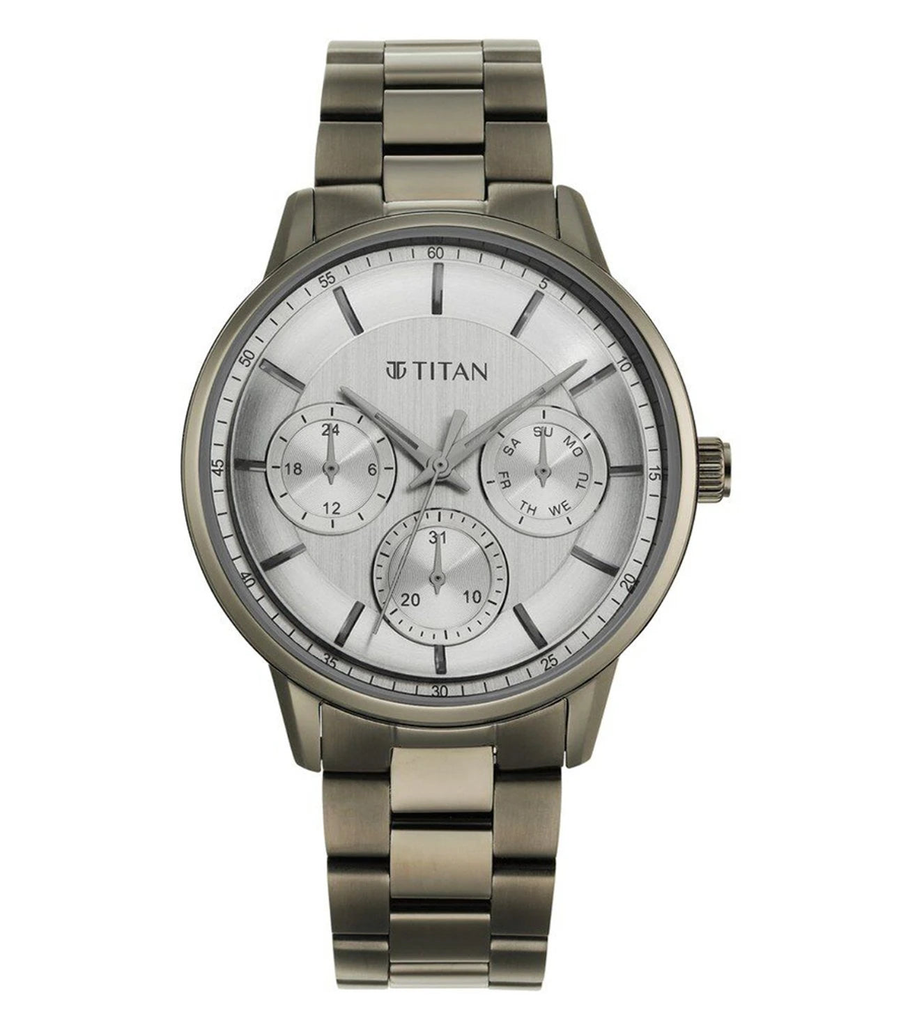 A TITAN Classique analog watch for men with a silver round dial and a grey stainless steel strap.