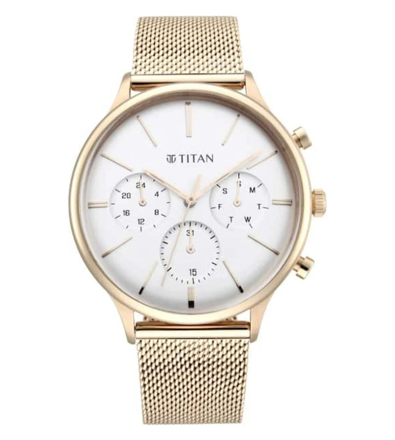 A TITAN men's chronograph watch with a silver round dial and a rose gold mesh band.