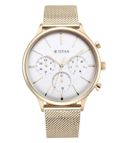 A TITAN men's chronograph watch with a silver round dial and a rose gold mesh band.
