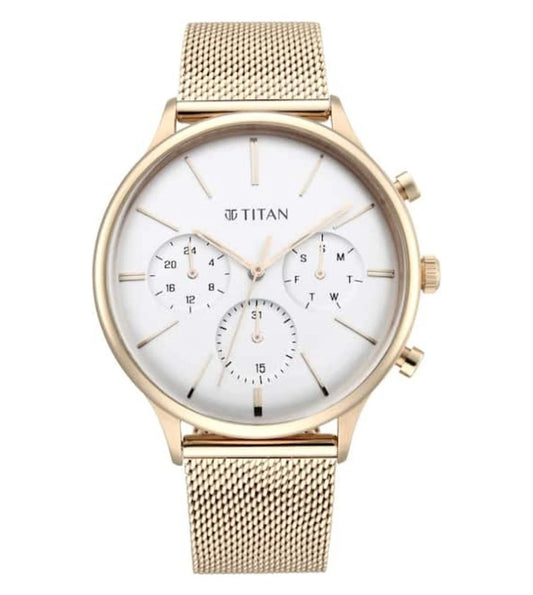A TITAN men's chronograph watch with a silver round dial and a rose gold mesh band.