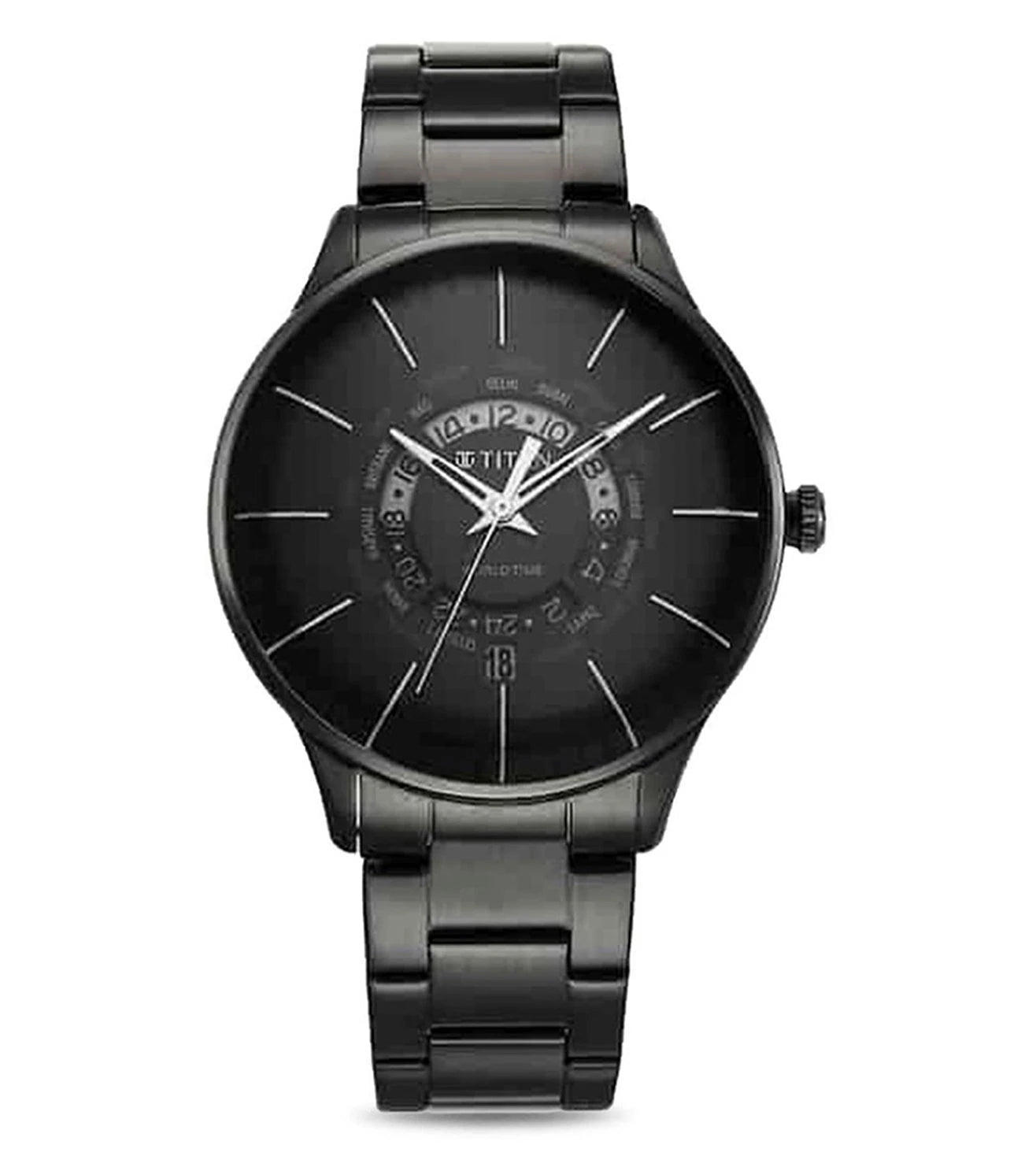 A black TITAN World Time analog watch with a stainless steel bracelet and a black round dial.