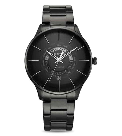 A black TITAN World Time analog watch with a stainless steel bracelet and a black round dial.